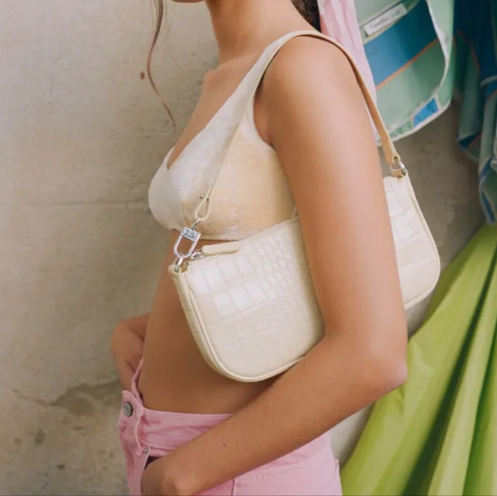 By Far Rachel Croc Embossed Leather Bag in Cream - Picture 2 of 5